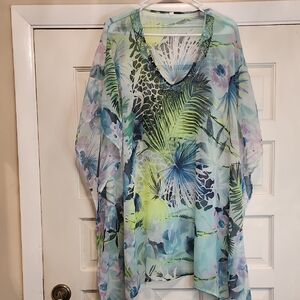 CAFTAN Vneck Beaded TUNIC SHEER TROPICAL PALM FLORAL GREEN BLUE FLOWING OS